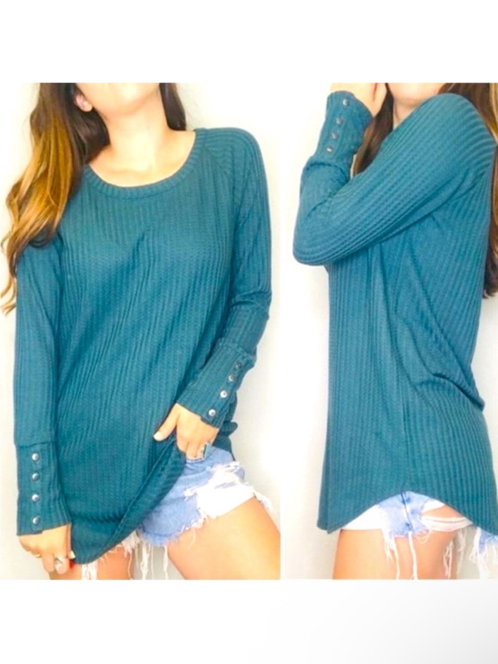 Chaser Women’s Teal Green Waffle Knit Thermal Long Sleeve Button Cuff Casual Top
